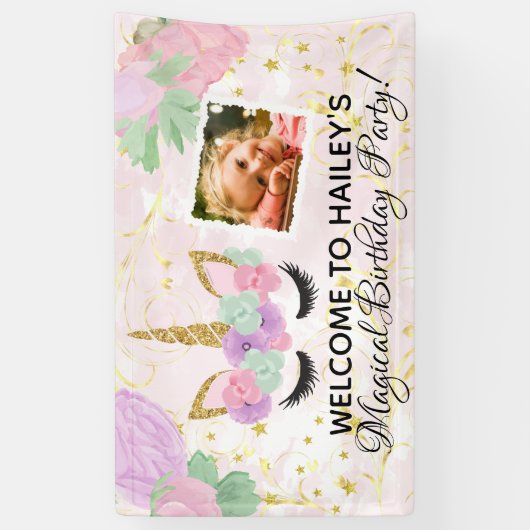 Magical Girls Photo Unicorn Birthday Party Spandoek (Verticaal)