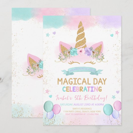 Magical Glitter Unicorn Birthday Kaart (Voorkant / Achterkant)