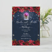 Magical Glow Red Rose Silver Navy Blue Weddenschap Kaart (Staand voorkant)