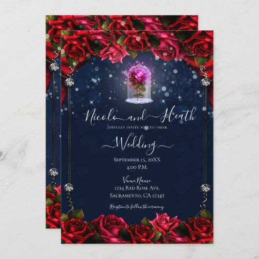 Magical Glow Red Rose Silver Navy Blue Weddenschap Kaart (Voorkant / Achterkant)