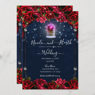 Magical Glow Red Rose Silver Navy Blue Weddenschap Kaart