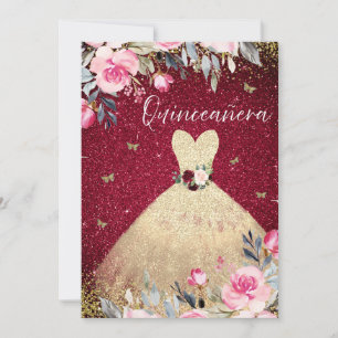 Magical Gold Dress Blush Pink Floral Quinceanera Kaart