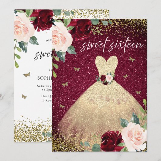 Magical Gold Dress Burgundy Red Floral Sweet 16 Kaart (Voorkant / Achterkant)
