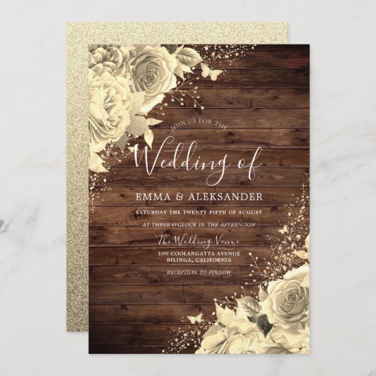 Magical Gold Flowers met Glitter Rustic Wedding Kaart (Voorkant / Achterkant)