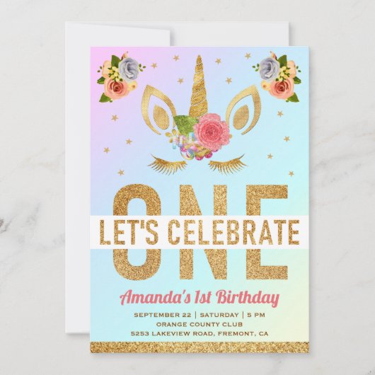 Magical Gold Glitter Unicorn 1e verjaardag Kaart (Voorkant)