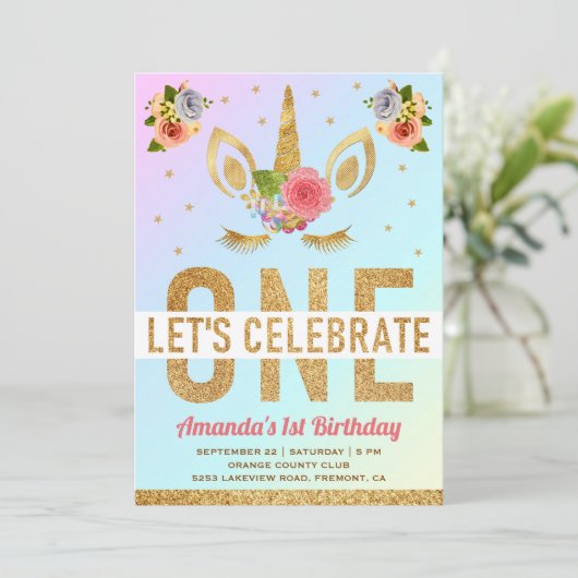 Magical Gold Glitter Unicorn 1e verjaardag Kaart (Staand voorkant)