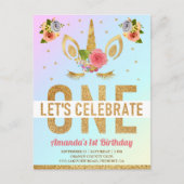 Magical Gold Glitter Unicorn 1e verjaardag Uitnodiging Briefkaart (Voorkant)