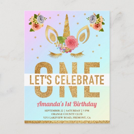 Magical Gold Glitter Unicorn 1e verjaardag Uitnodiging Briefkaart (Voorkant)