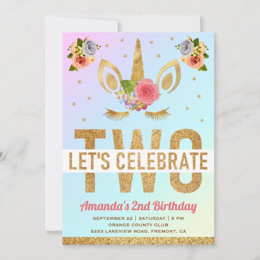 Magical Gold Glitter Unicorn 2e verjaardag Kaart (Voorkant)