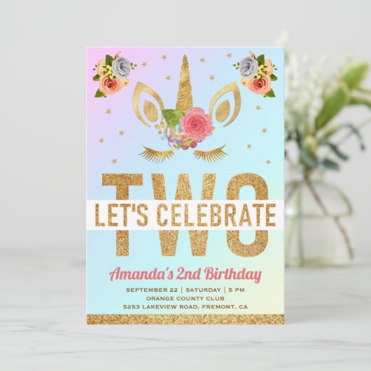 Magical Gold Glitter Unicorn 2e verjaardag Kaart (Staand voorkant)