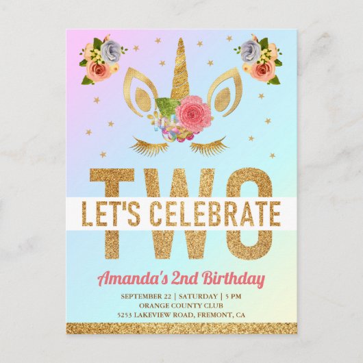 Magical Gold Glitter Unicorn 2e verjaardag Uitnodiging Briefkaart (Voorkant)