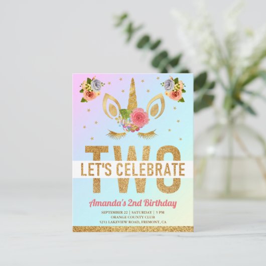Magical Gold Glitter Unicorn 2e verjaardag Uitnodiging Briefkaart (Staand voorkant)