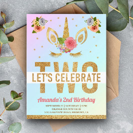 Magical Gold Glitter Unicorn 2e verjaardag Uitnodiging Briefkaart