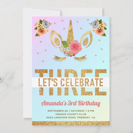 Magical Gold Glitter Unicorn 3de verjaardag Kaart (Voorkant)
