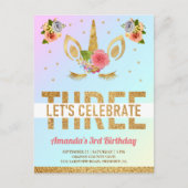 Magical Gold Glitter Unicorn 3de verjaardag Uitnodiging Briefkaart (Voorkant)