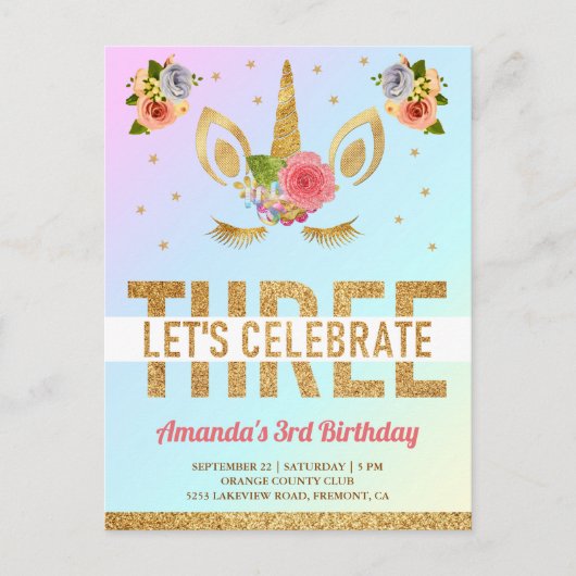 Magical Gold Glitter Unicorn 3de verjaardag Uitnodiging Briefkaart (Voorkant)