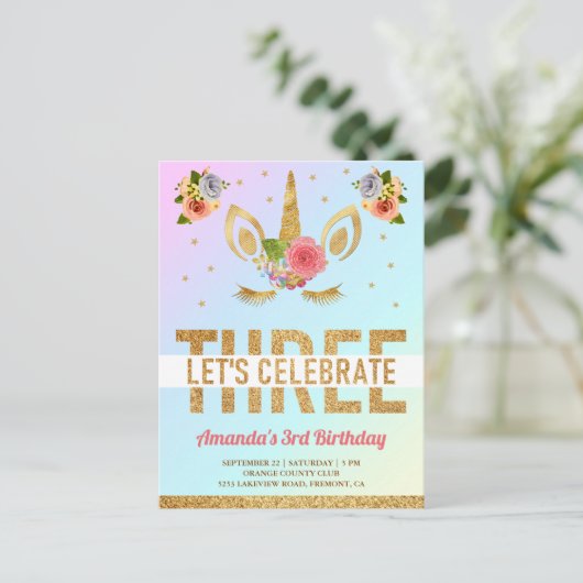 Magical Gold Glitter Unicorn 3de verjaardag Uitnodiging Briefkaart (Staand voorkant)