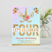 Magical Gold Glitter Unicorn 4e verjaardag Kaart (Staand voorkant)