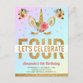 Magical Gold Glitter Unicorn 4e verjaardag Uitnodiging Briefkaart (Voorkant)