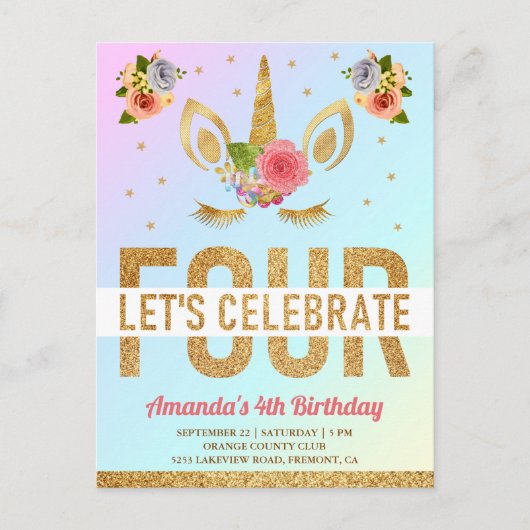Magical Gold Glitter Unicorn 4e verjaardag Uitnodiging Briefkaart (Voorkant)