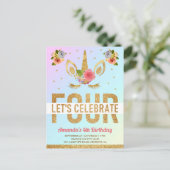 Magical Gold Glitter Unicorn 4e verjaardag Uitnodiging Briefkaart (Staand voorkant)