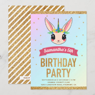 Magical Gold Glitter Unicorn Bunny Birthday Kaart