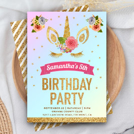 Magical Gold Glitter Unicorn Face Birthday Party Kaart