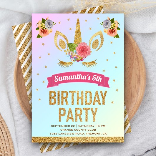 Magical Gold Glitter Unicorn Face Birthday Party Kaart