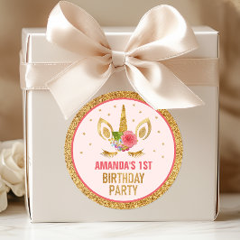 Magical Gold Glitter Unicorn Face Birthday Party Ronde Sticker
