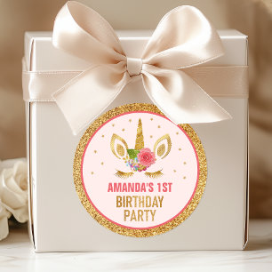 Magical Gold Glitter Unicorn Face Birthday Party Ronde Sticker
