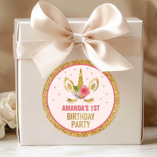 Magical Gold Glitter Unicorn Face Birthday Party Ronde Sticker