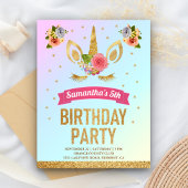 Magical Gold Glitter Unicorn Face Birthday Party Uitnodiging Briefkaart