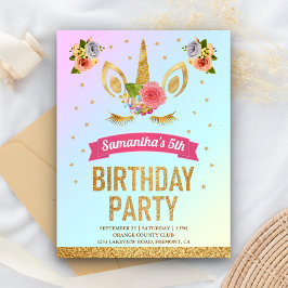 Magical Gold Glitter Unicorn Face Birthday Party Uitnodiging Briefkaart