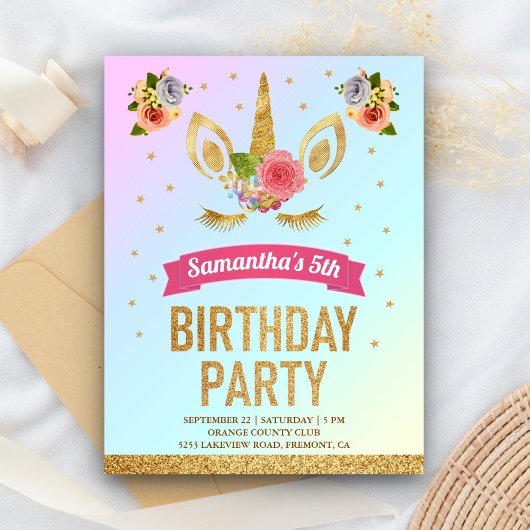 Magical Gold Glitter Unicorn Face Birthday Party Uitnodiging Briefkaart