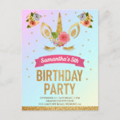 Magical Gold Glitter Unicorn Face Birthday Party Uitnodiging Briefkaart (Voorkant)