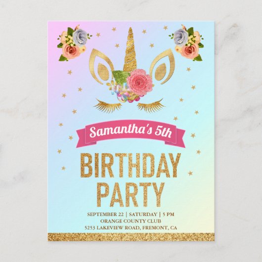Magical Gold Glitter Unicorn Face Birthday Party Uitnodiging Briefkaart (Voorkant)