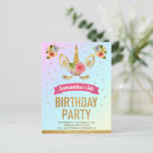 Magical Gold Glitter Unicorn Face Birthday Party Uitnodiging Briefkaart (Staand voorkant)