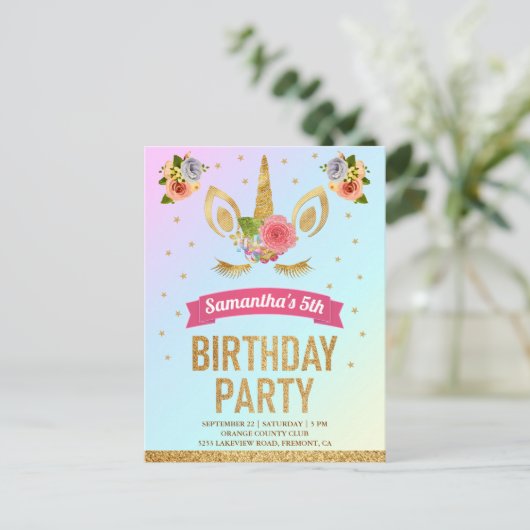 Magical Gold Glitter Unicorn Face Birthday Party Uitnodiging Briefkaart (Staand voorkant)