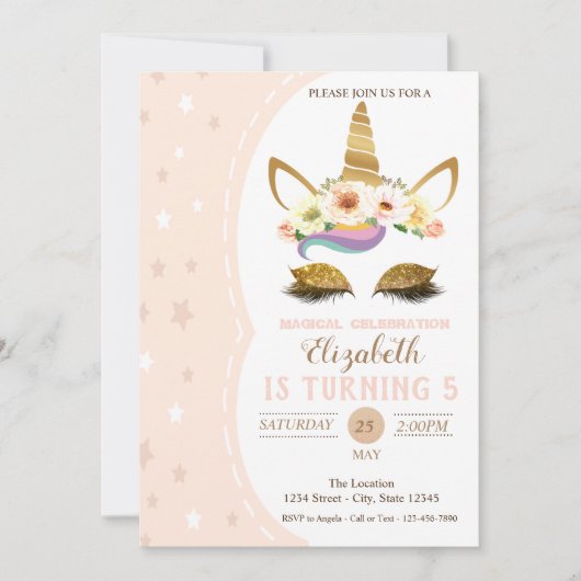 Magical Gold Glitter Unicorn, sterren Birthday Kaart (Voorkant)