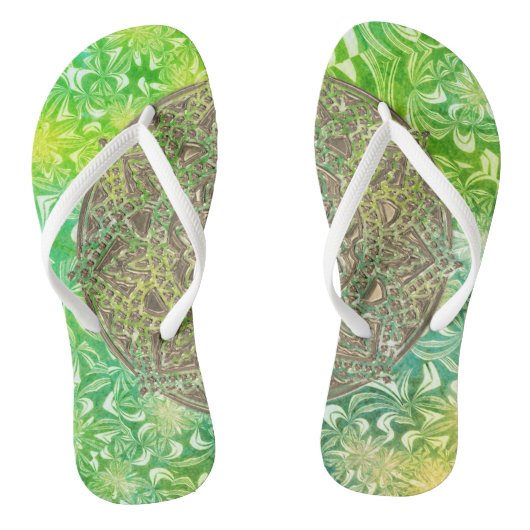 Magical Gold Mandala op Green Floral Teenslippers (Voetbed)