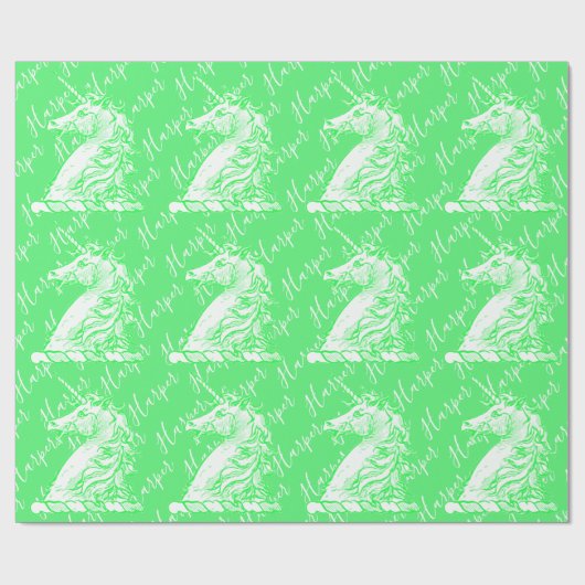 Magical Green Unicorn Pattern Custom Name Harper Cadeaupapier (Vlak)
