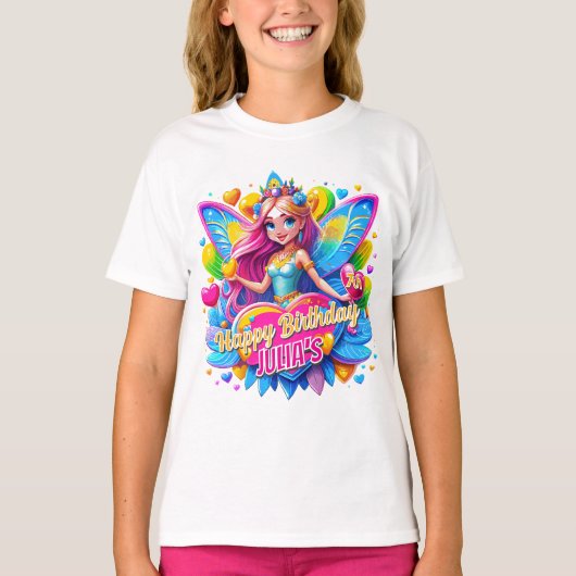 Magical Heart Fairy Rainbow Wings, Verjaardagscade T-shirt (Voorkant)