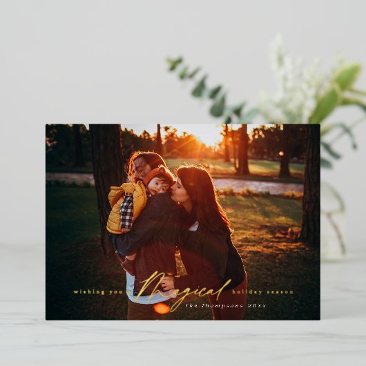 Magical Holiday Season Gold Foil Fotokaart Folie Feestdagenkaart (Staand Voorkant)