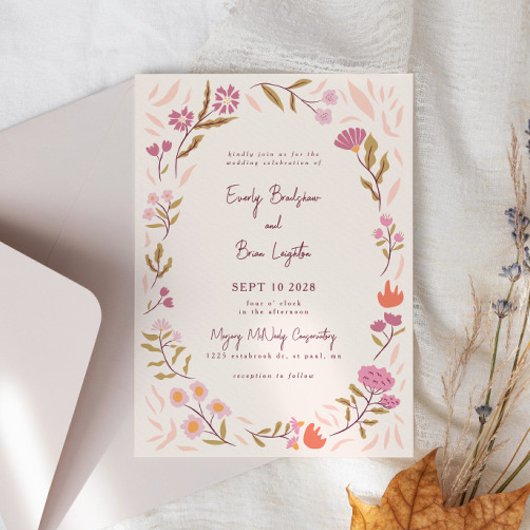 Magical Meadow Roze Bloemen Huwelijksuitnodiging Kaart