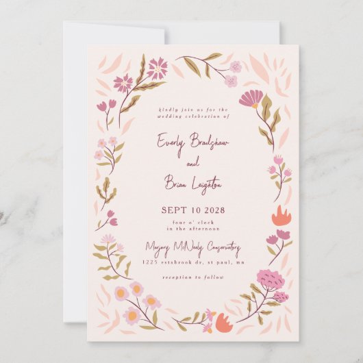 Magical Meadow Roze Bloemen Huwelijksuitnodiging Kaart (Voorkant)