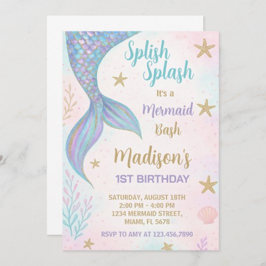 Magical Mermaid Birthday Invitation Kaart (Voorkant / Achterkant)