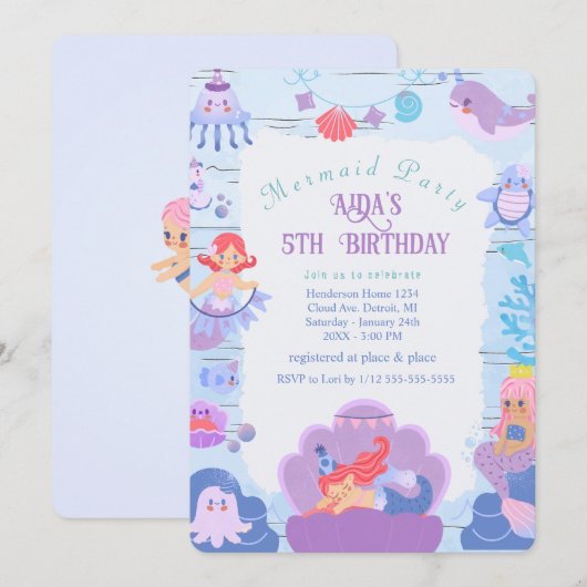 Magical Mermaid Birthday Invitation Kaart (Voorkant / Achterkant)