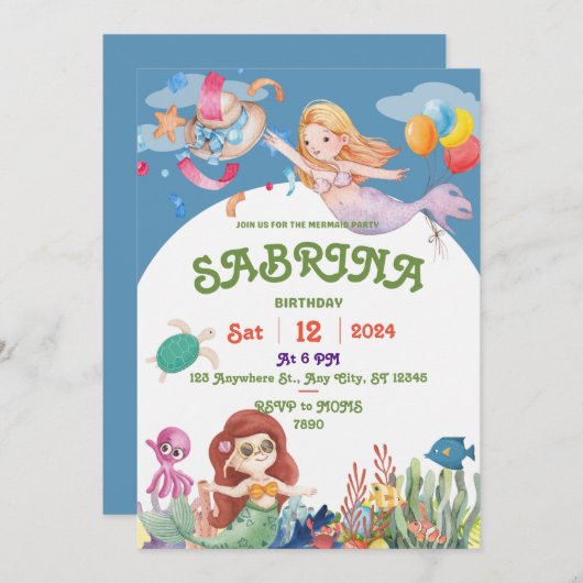 Magical Mermaid Birthday Invitation Kaart (Voorkant / Achterkant)