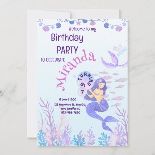 Magical Mermaid Birthday Invitation Kaart (Voorkant)