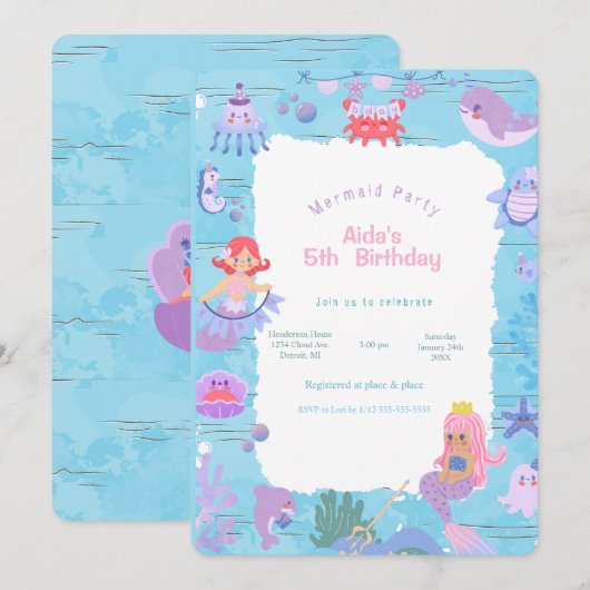 Magical Mermaid Birthday Invitation Kaart (Voorkant / Achterkant)